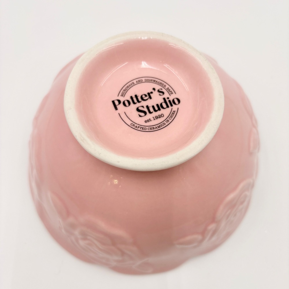 Potter's Studio Pink Rose Embossed Scalloped Ceramic Bowls Set of 2 Footed - Picture 8 of 8